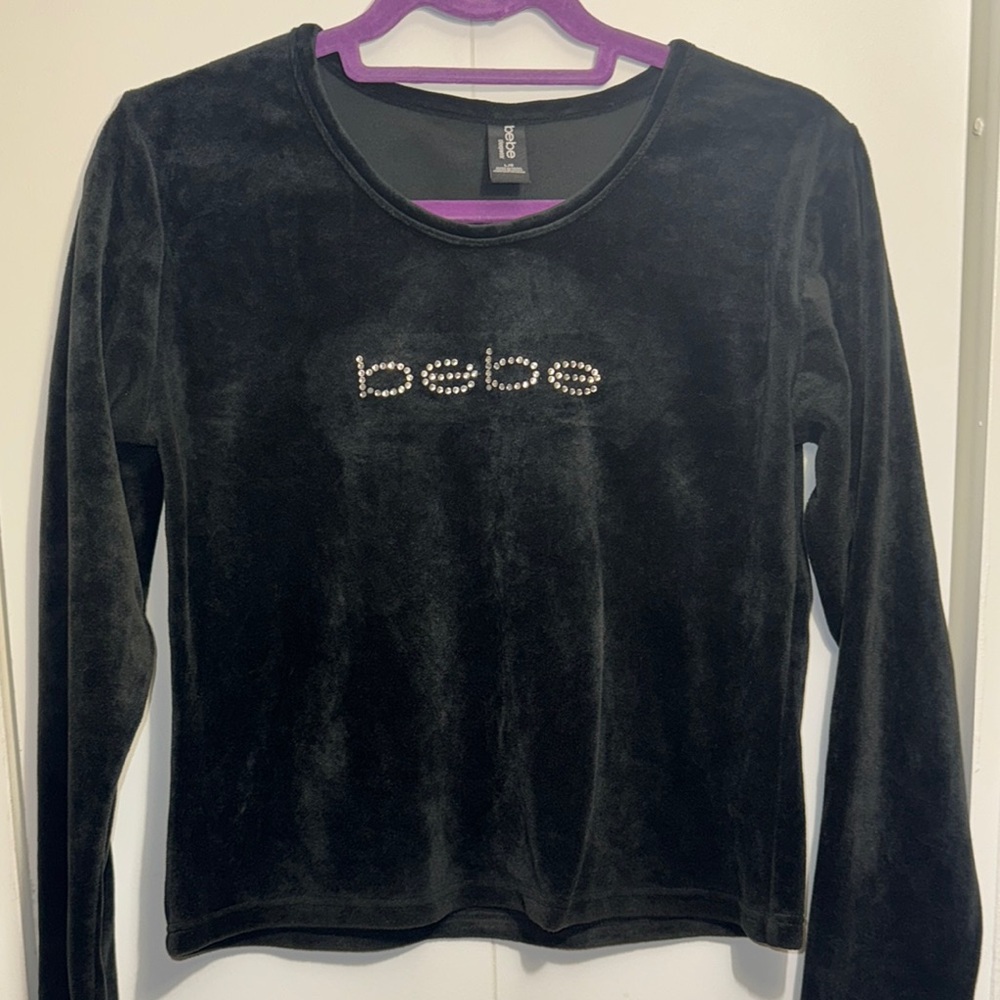 Bebe Black Velvet Rhinestone Logo Top